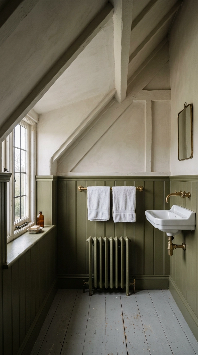 Olive green tongue-and-groove panelling under a sloped white cottage bathroom ceiling