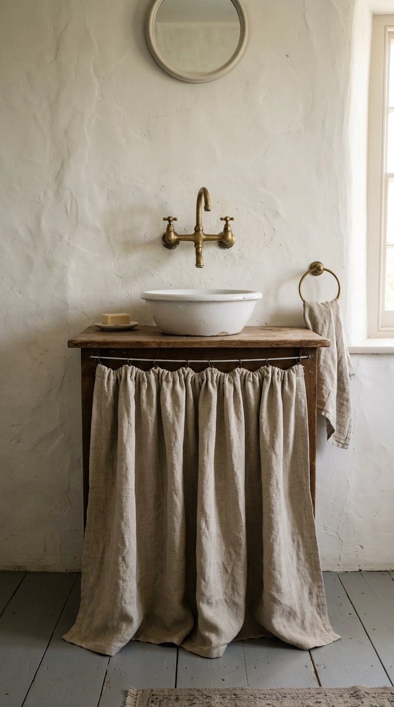 Natural linen skirt gathered beneath a small white fireclay basin with a brass bridge tap