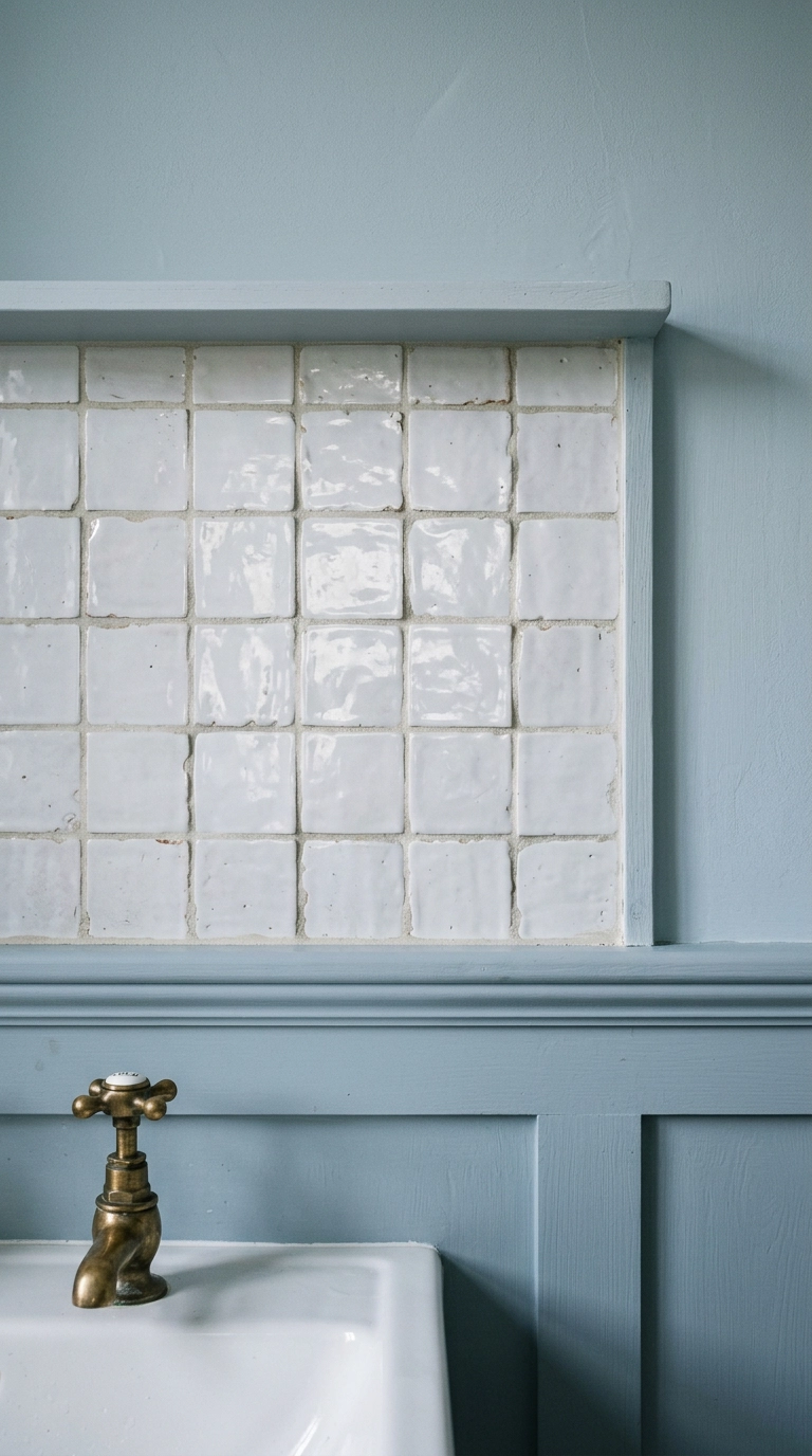 Small hand-glazed square white tiles with putty grout above dove blue panelling