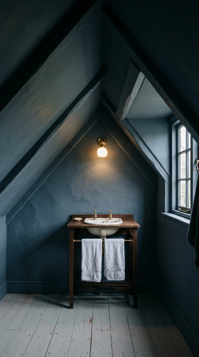 Attic cottage bathroom colour-drenched in muted blue-grey across walls and sloped ceiling