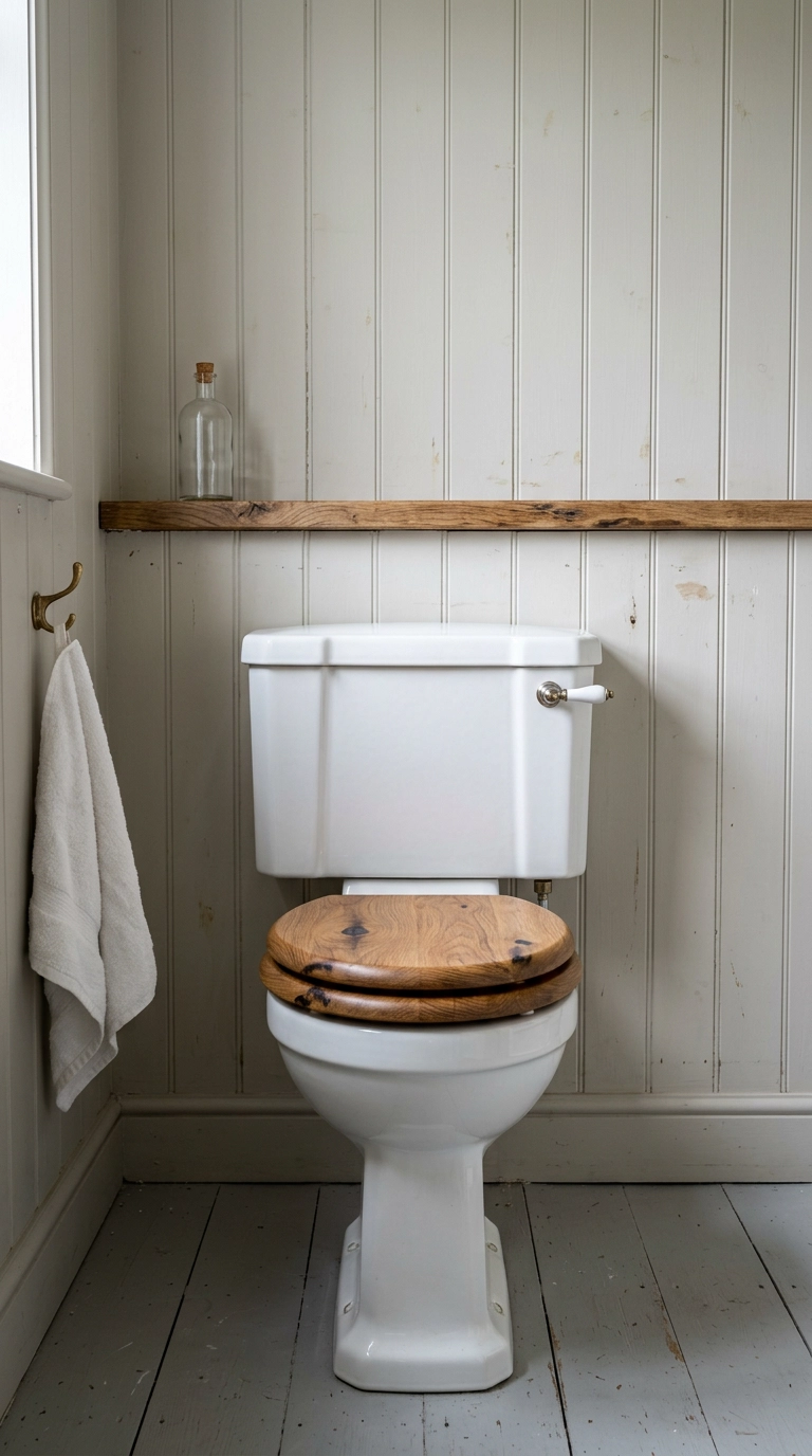 Solid oiled oak toilet seat with brass hinges on a white toilet against putty panelling