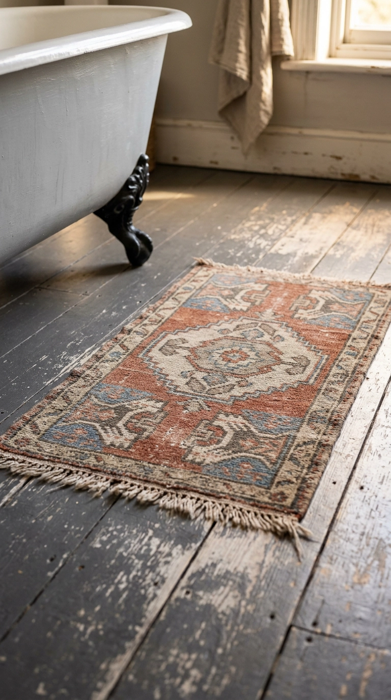 Faded vintage flatweave runner on painted floorboards beside a cast iron bath foot