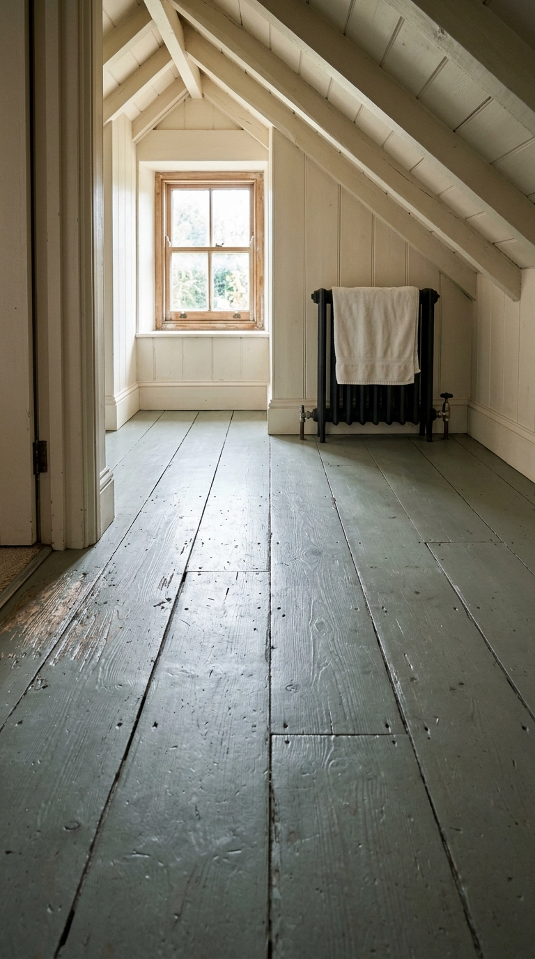 Wide old pine floorboards painted chalky grey-green in a sloped-ceiling cottage bathroom