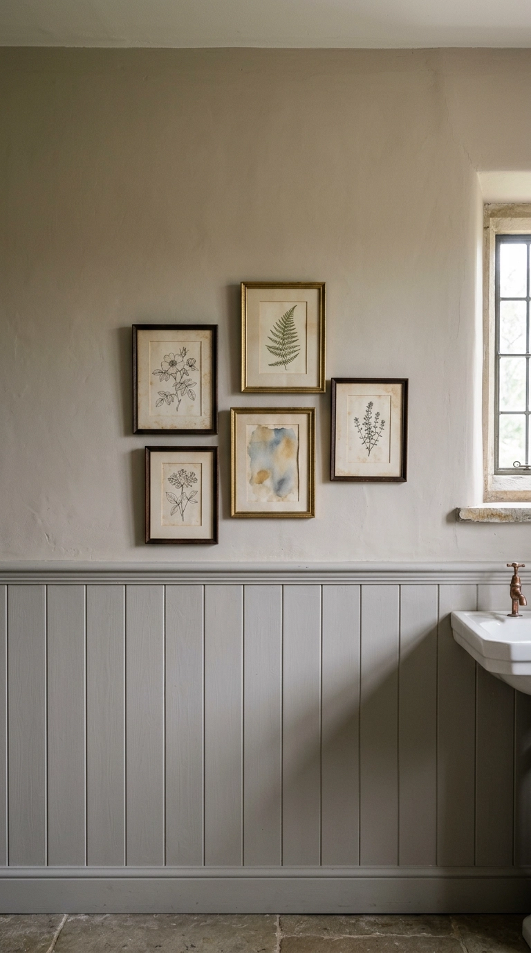 Cluster of small botanical and watercolour prints in mismatched frames above a panelling rail