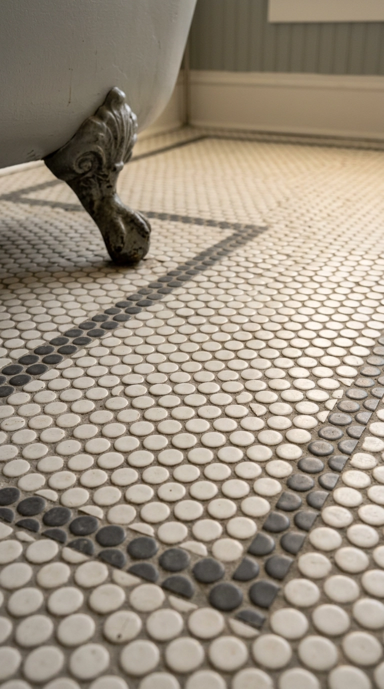 White penny tile floor with a charcoal border row beside a cast iron slipper bath foot