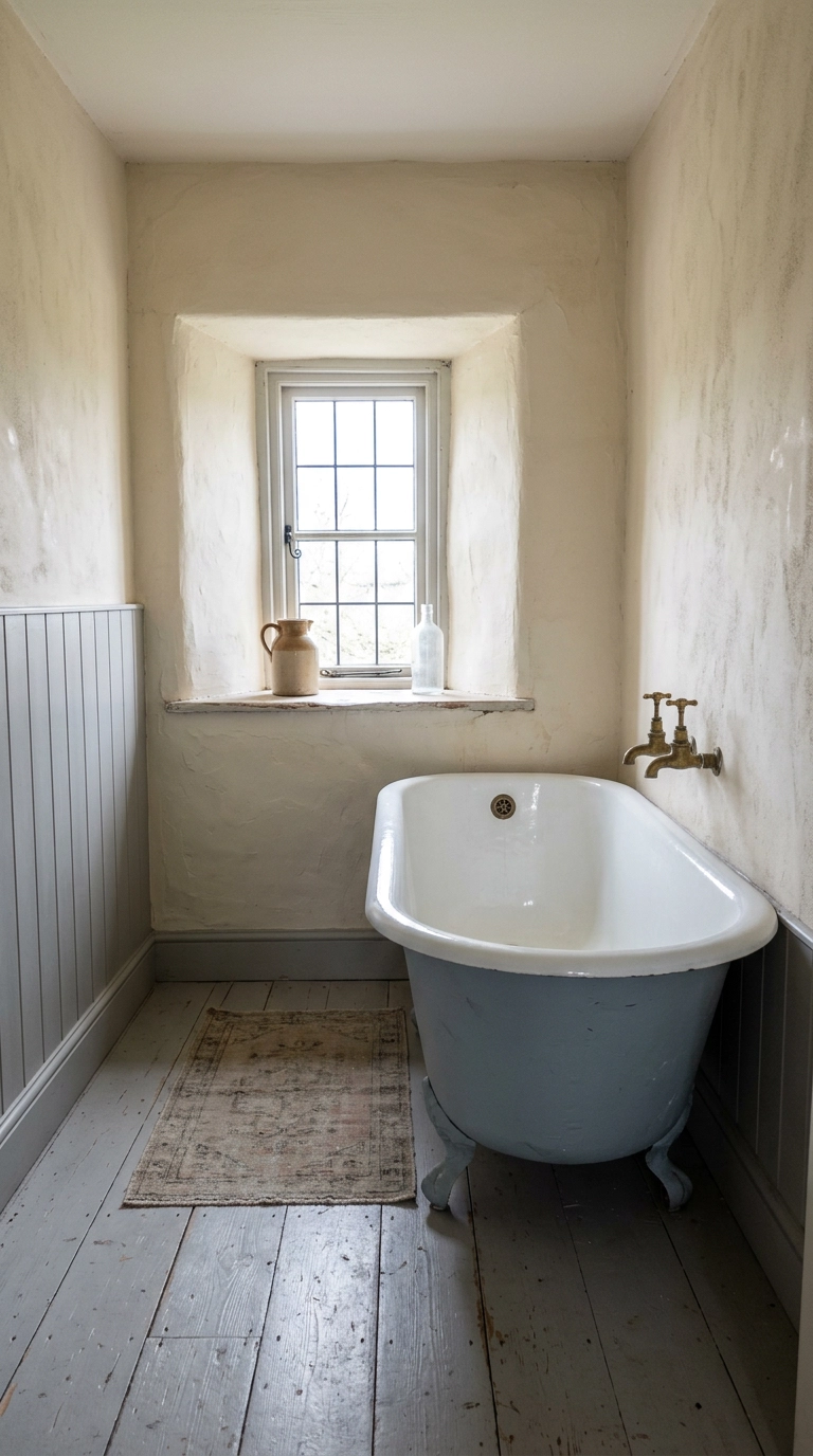 Cast iron roll-top bath positioned beneath a small deep-set cottage bathroom window in midday light