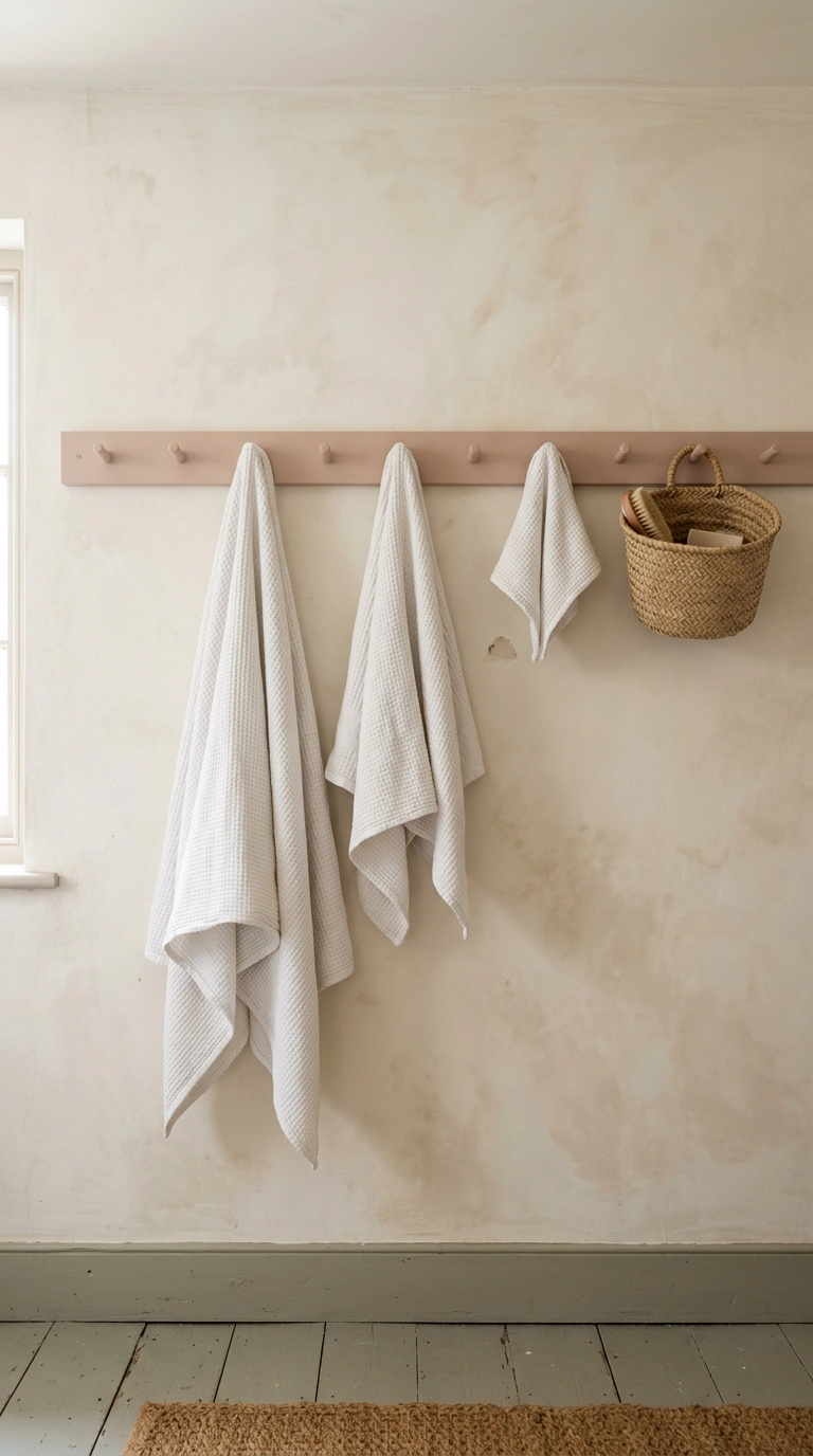 Painted Shaker peg rail with three white waffle towels and a rush basket in a cottage bathroom