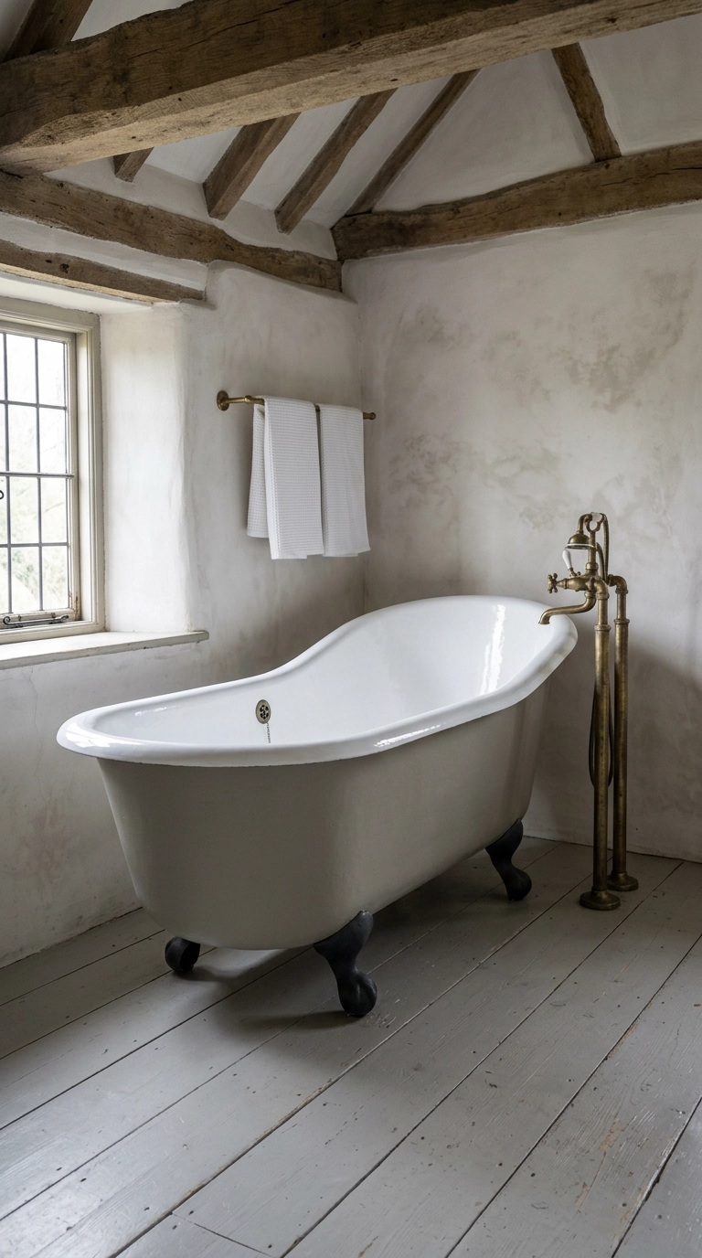 Cast iron slipper bath painted putty grey with a brass floor-standing filler in a beamed cottage bathroom