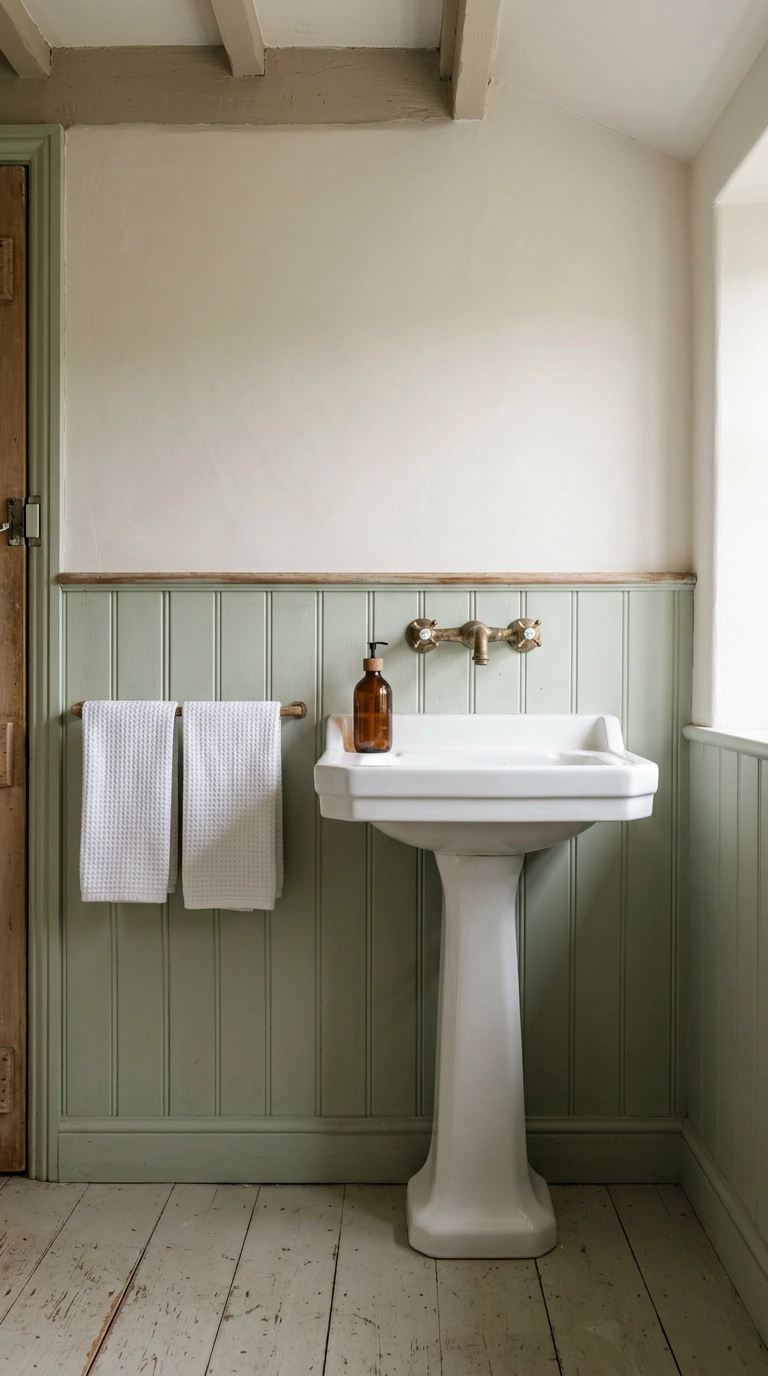 Sage green beadboard panelling to dado height in a small cottage bathroom with a pedestal sink