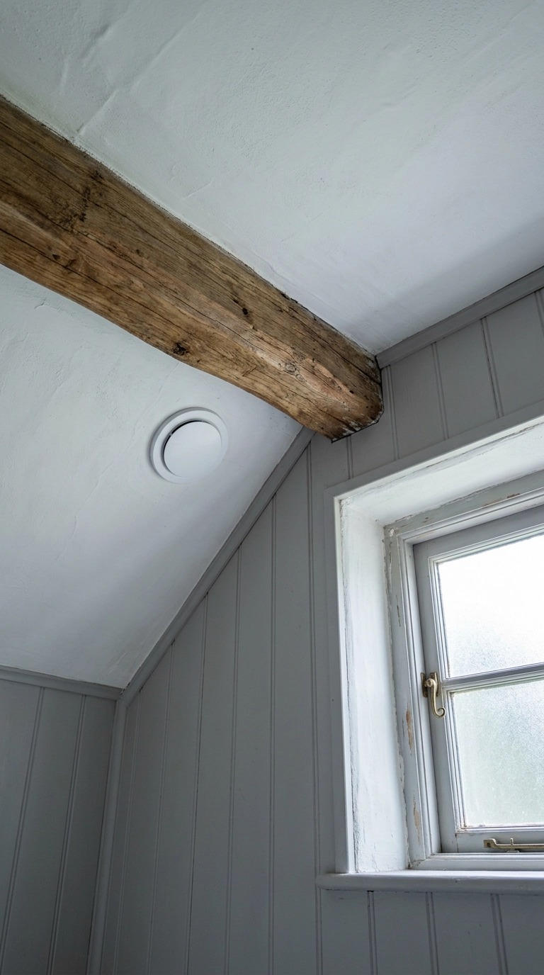 Small white ceiling extractor fan beside an old timber beam in a cottage bathroom
