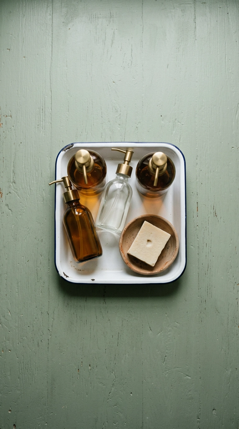 Three plain glass bottles and a soap dish on a chipped enamel tray in a cottage bathroom