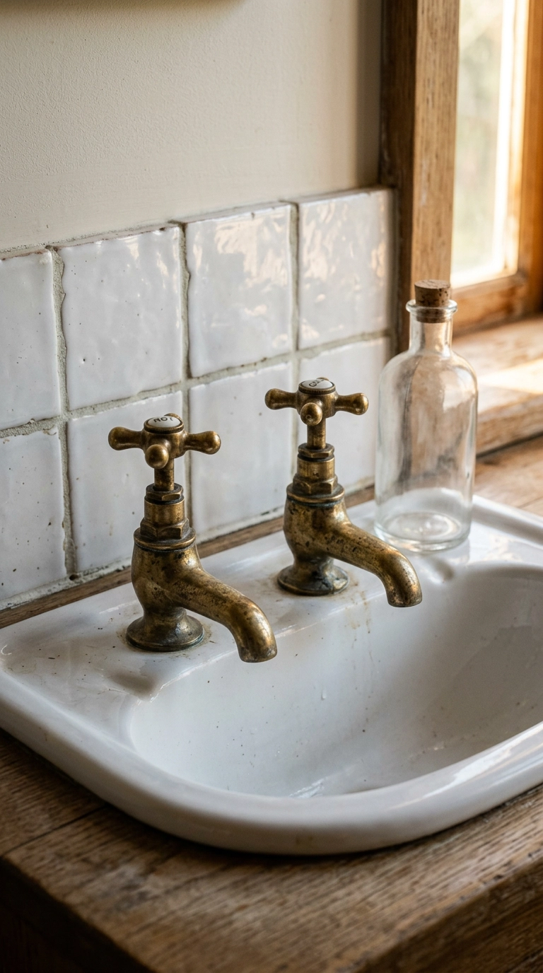Unlacquered brass crosshead pillar taps on a white fireclay basin with small square tile behind