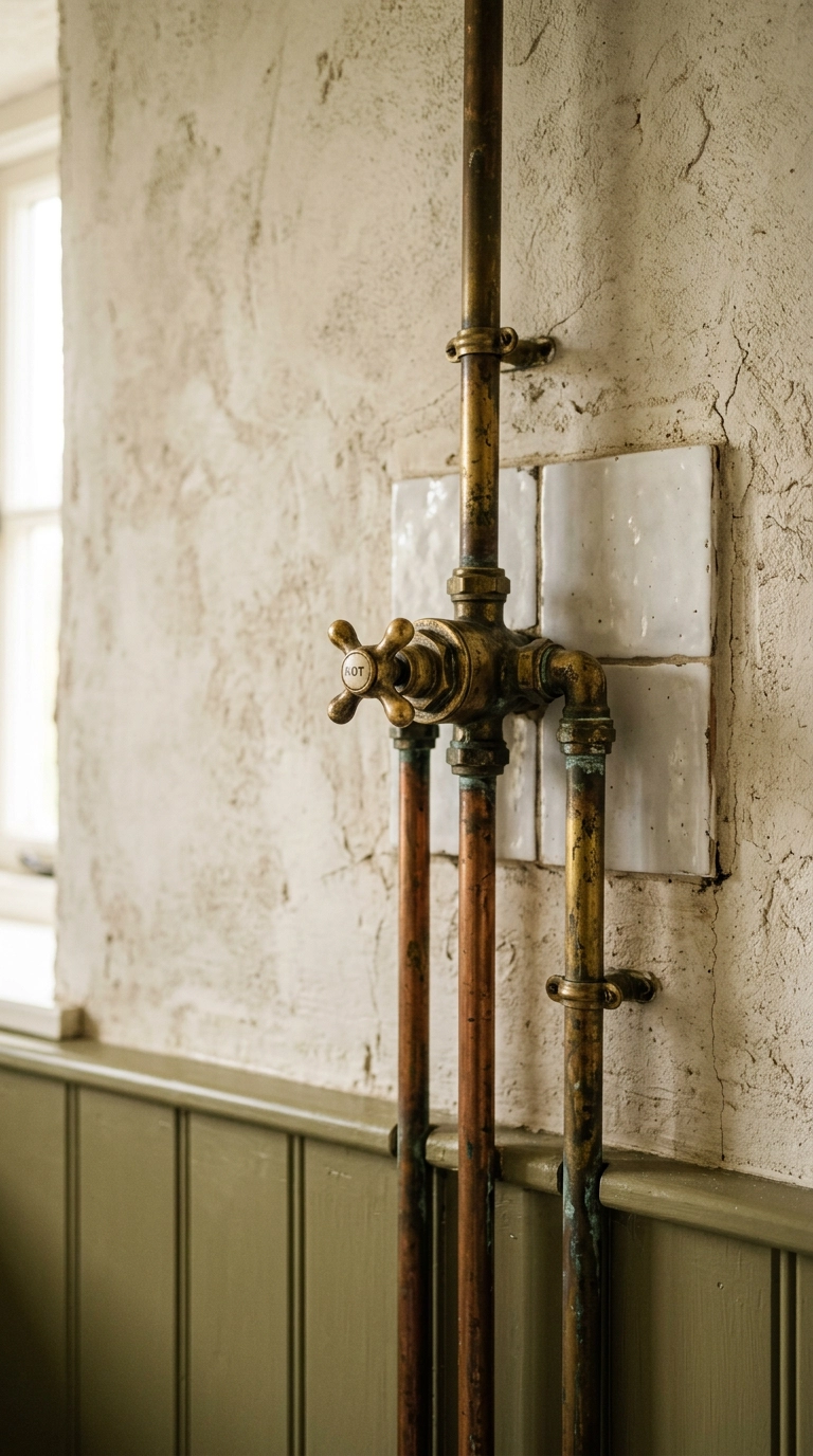 Exposed brass and copper pipework running up a plaster wall to a traditional shower valve