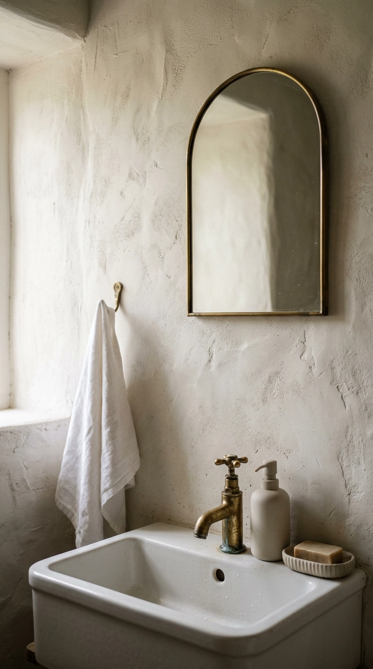 Small arched brass-framed mirror angled above a fireclay basin on an uneven plaster wall