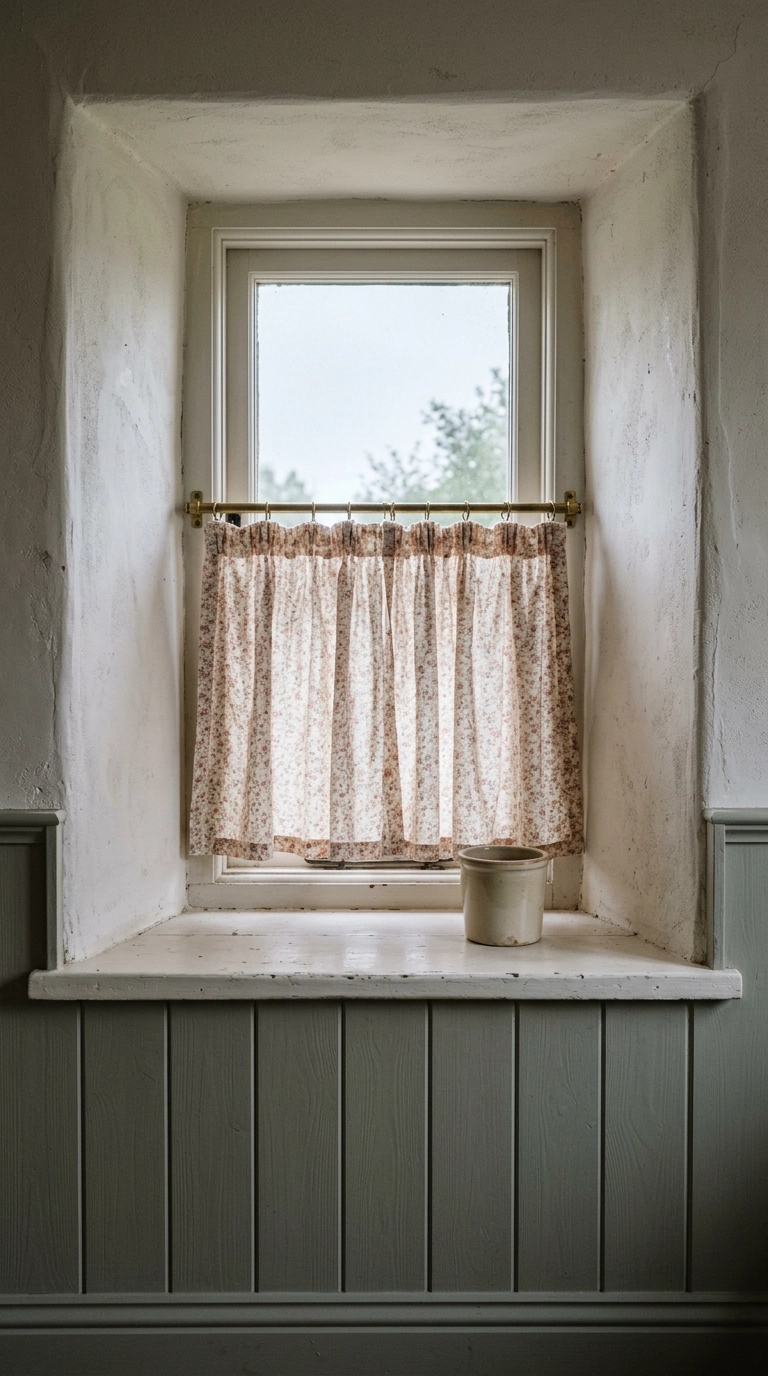 Short gathered floral cafe curtain on a brass rod across a deep-set cottage bathroom window