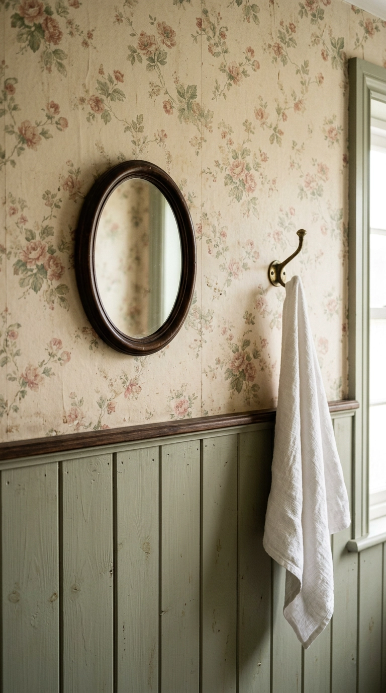 Faded small-scale floral wallpaper above sage panelling with an oval timber mirror