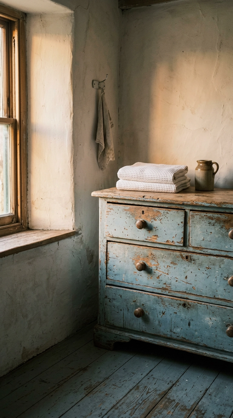 Worn pine chest of drawers with chipped blue paint storing towels in a cottage bathroom