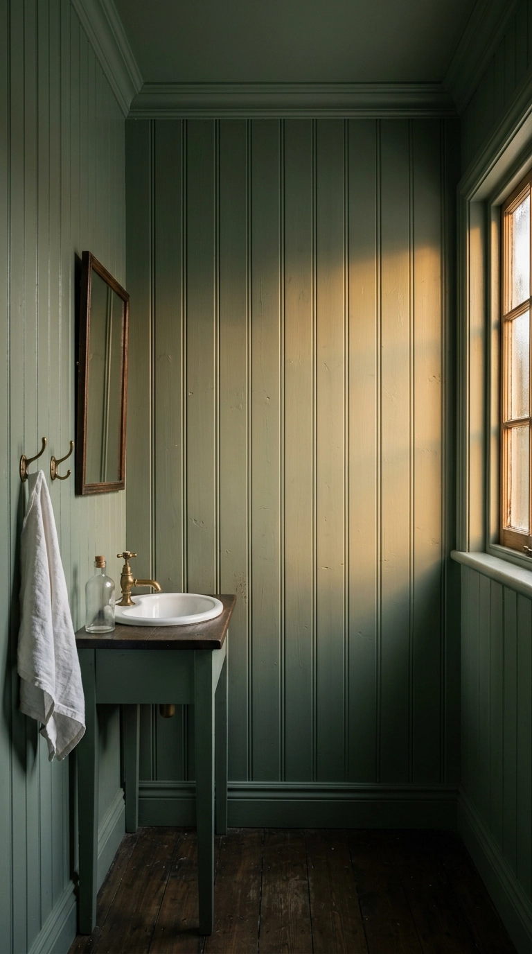Cottage bathroom clad floor to ceiling in sage tongue-and-groove panelling with a brass-hooked towel