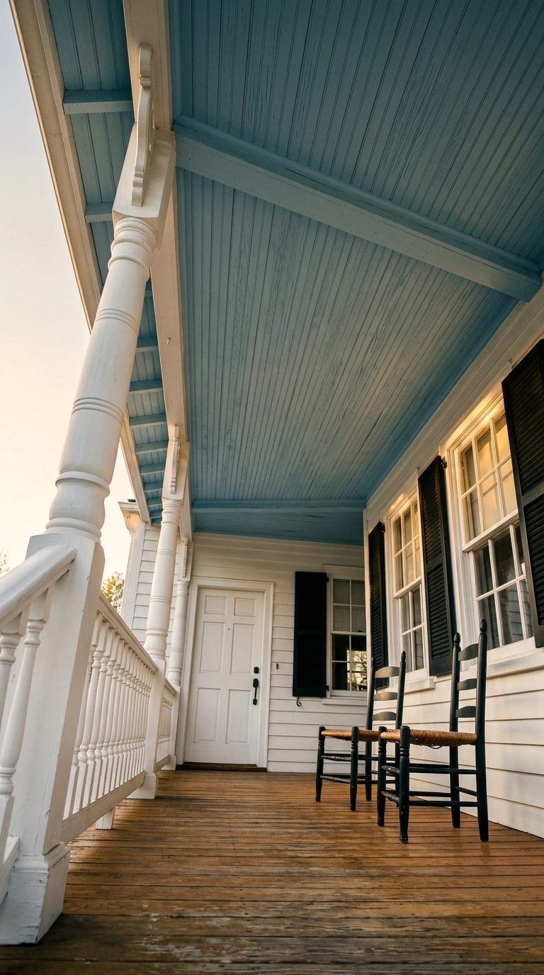 Covered porch with a soft blue beadboard ceiling and white turned columns
