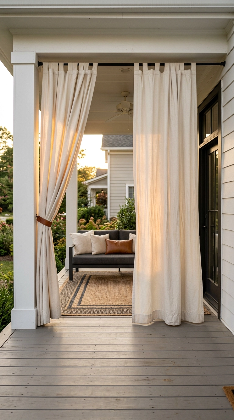 Ivory outdoor curtains hung between white columns on a covered porch in low sun