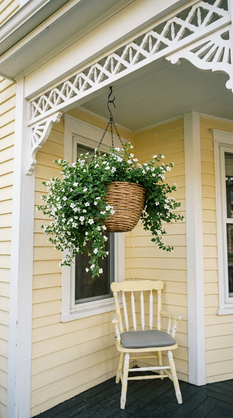 Single woven hanging basket on a black hook under a victorian porch beam