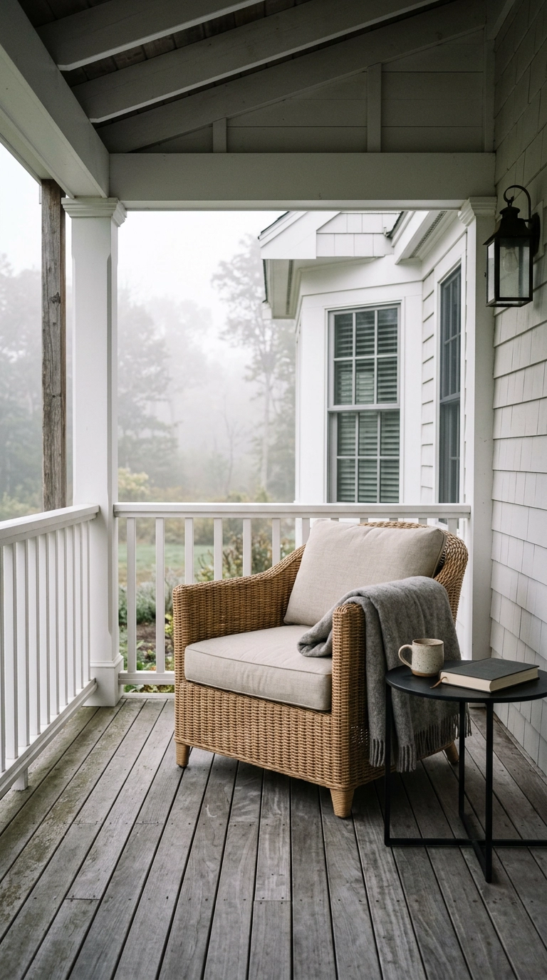 Rattan lounge chair set up as a morning reading spot on a covered porch