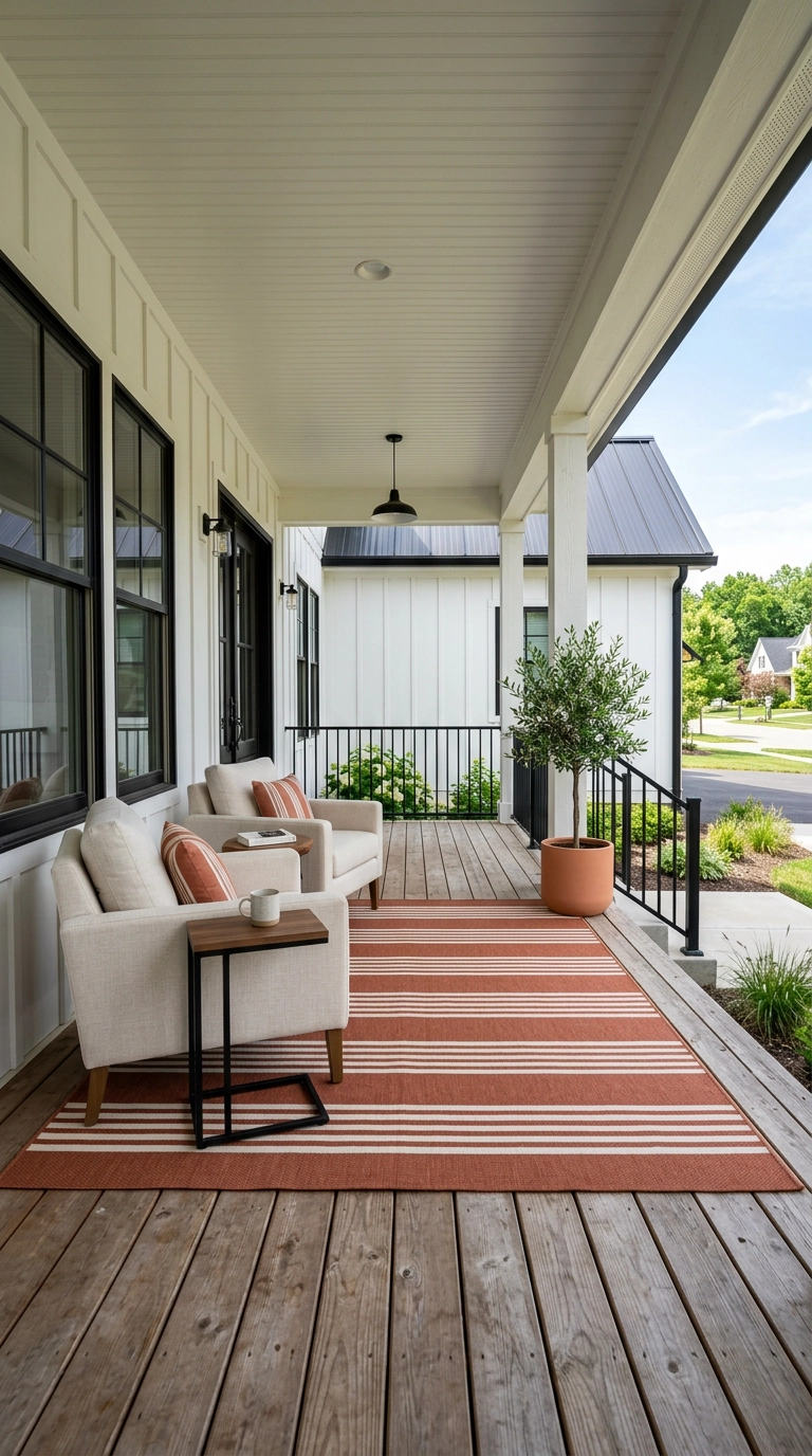 Farmhouse covered porch with a terracotta striped outdoor rug under two cream chairs