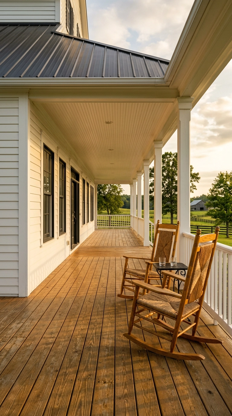 Two honey oak rocking chairs on a long white farmhouse covered porch at golden hour