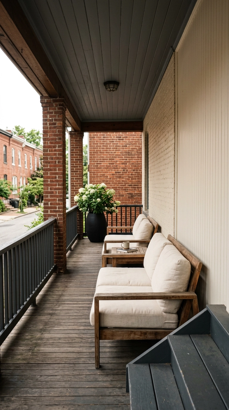 Narrow brick row house covered porch furnished as one long seating line