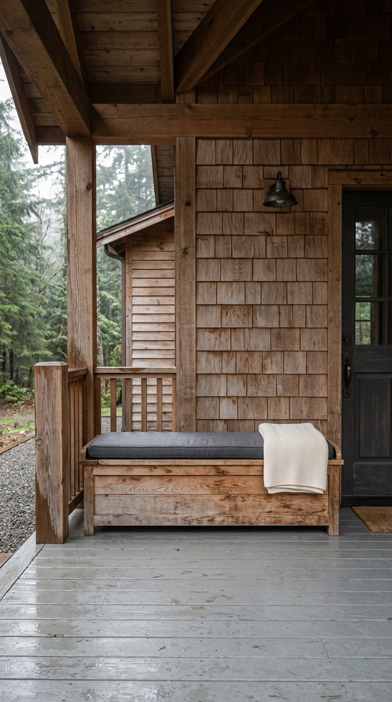 Cedar storage bench with a charcoal cushion on a covered porch after rain