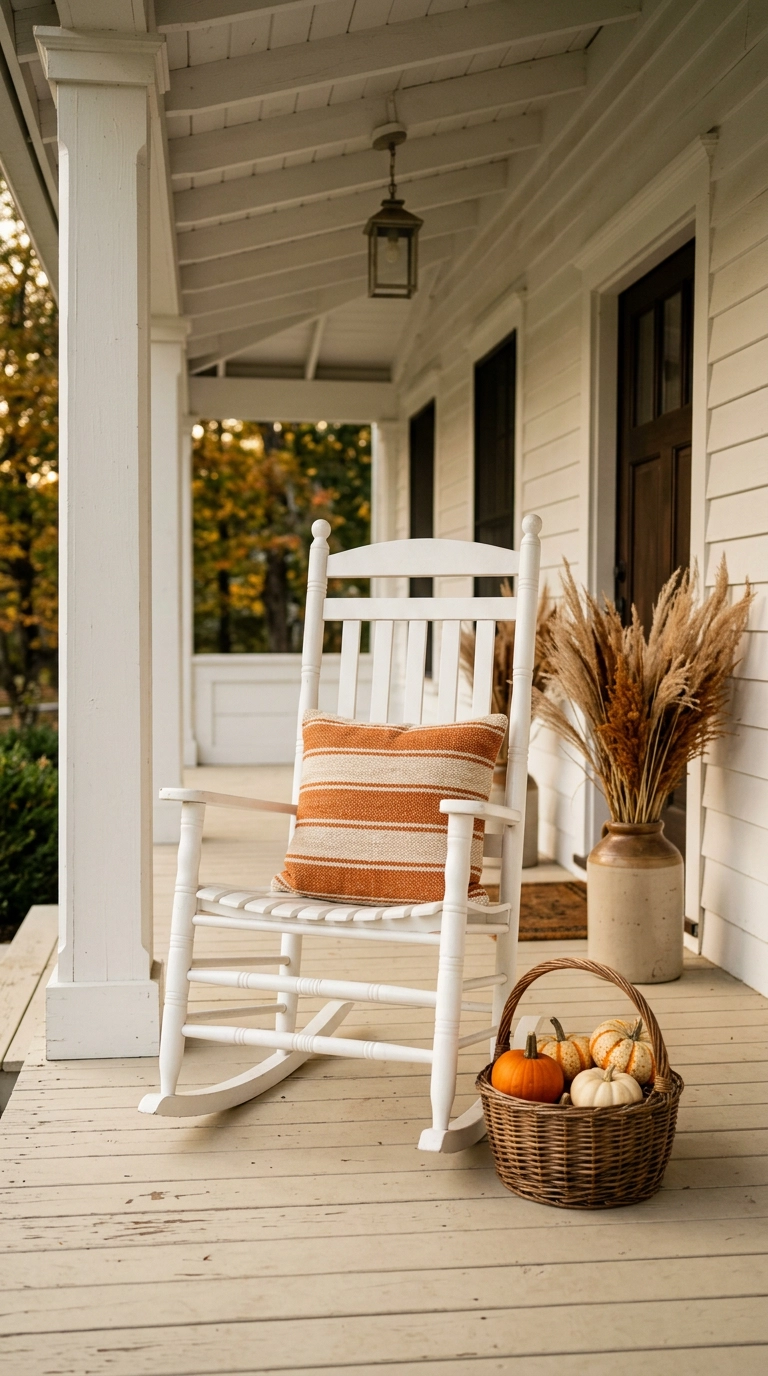 Farmhouse covered porch styled for fall with one striped cushion and pumpkins