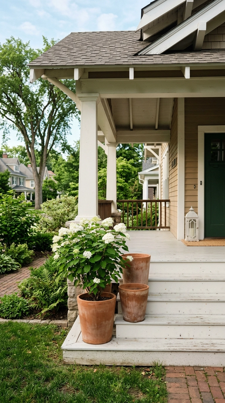 Craftsman covered porch steps with a grouping of three terracotta planters