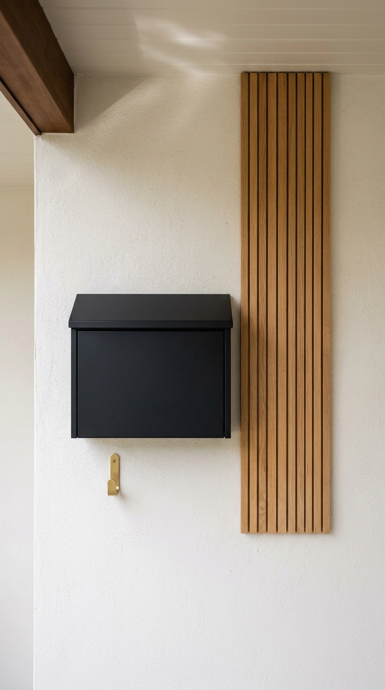 Matte black modern mailbox and oak slat panel on a white covered porch wall