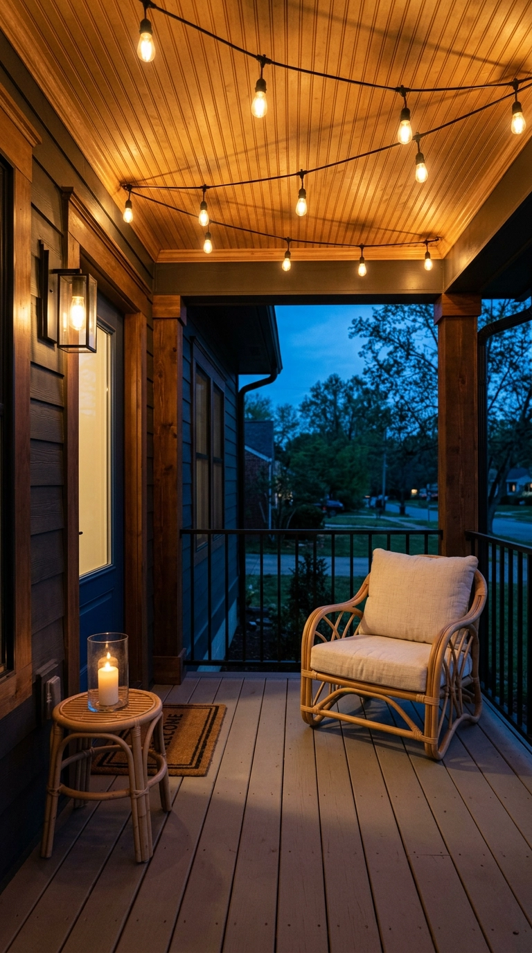 Covered porch at dusk lit by string lights, a black sconce, and one glass lantern