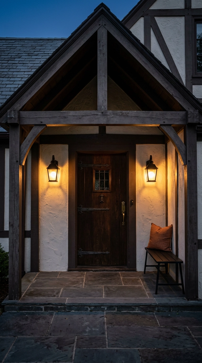 Covered porch at nightfall with two warm glowing lanterns flanking a wood door
