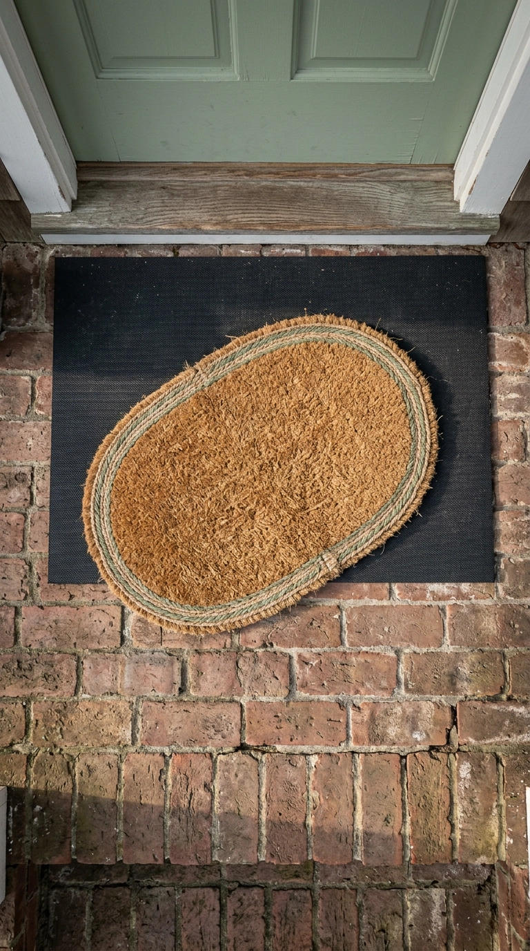 Two layered doormats, coir over charcoal rubber, on a brick covered porch entry