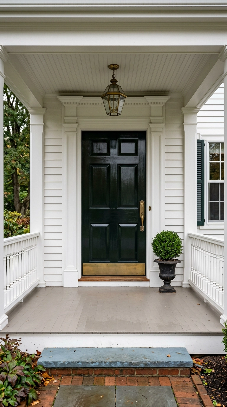 Deep green glossy front door with brass hardware on a colonial covered porch
