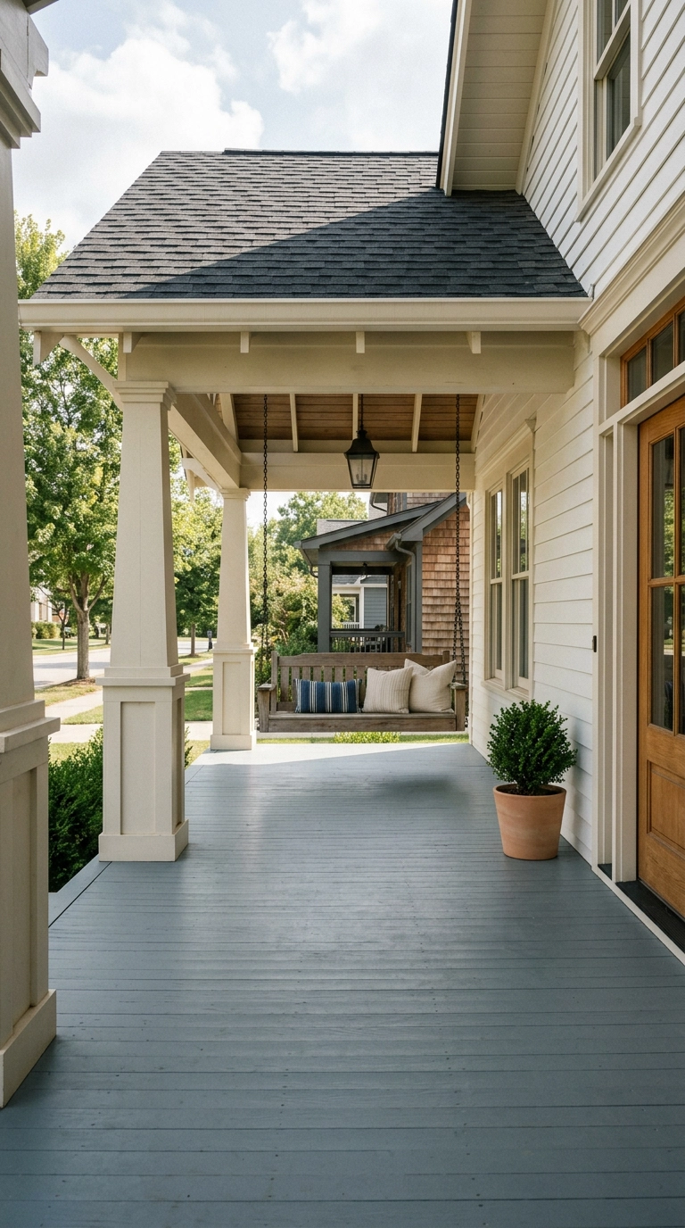White craftsman covered porch with an oak swing hanging from black chains