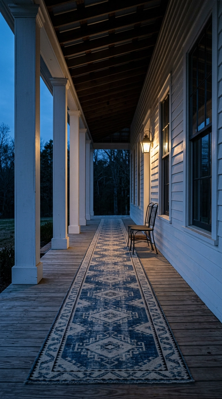 Indigo and ivory outdoor runner rug down a long white columned covered porch