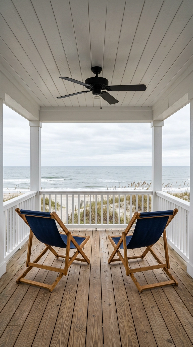 Coastal covered porch with a simple black four-blade ceiling fan on a white plank ceiling