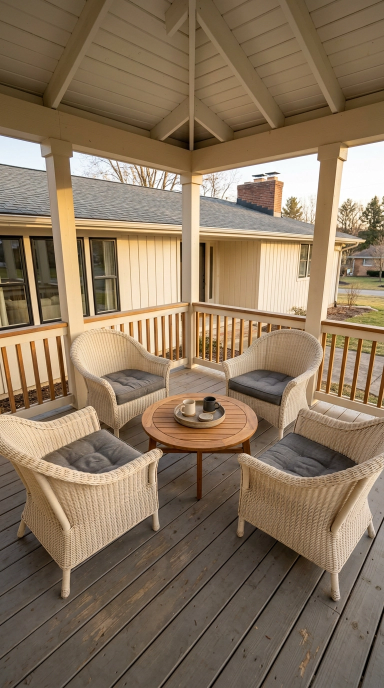 Square covered porch with four wicker chairs in a circle around a round table