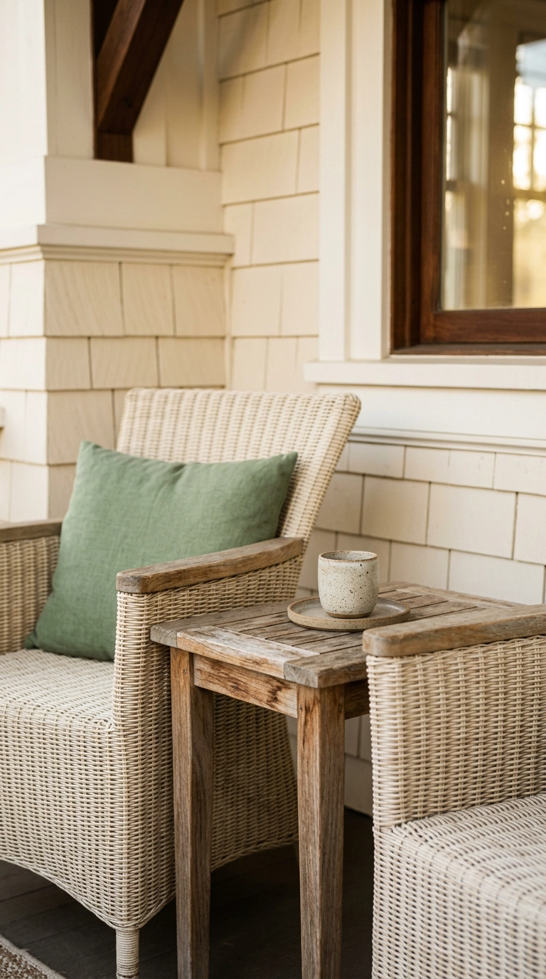 Weathered teak side table between two wicker chairs on a covered porch