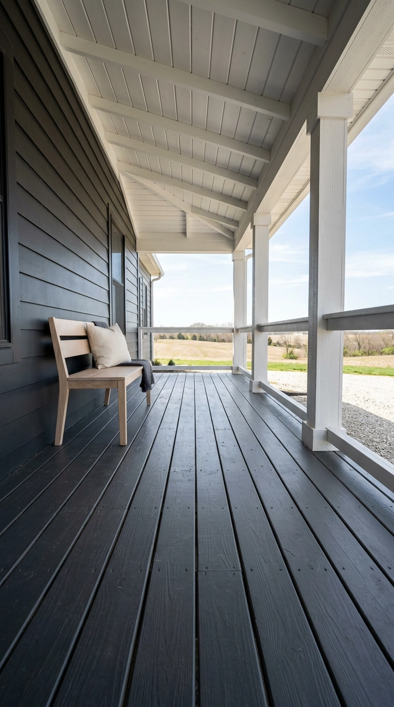 Covered porch with deep charcoal painted floorboards and crisp white columns