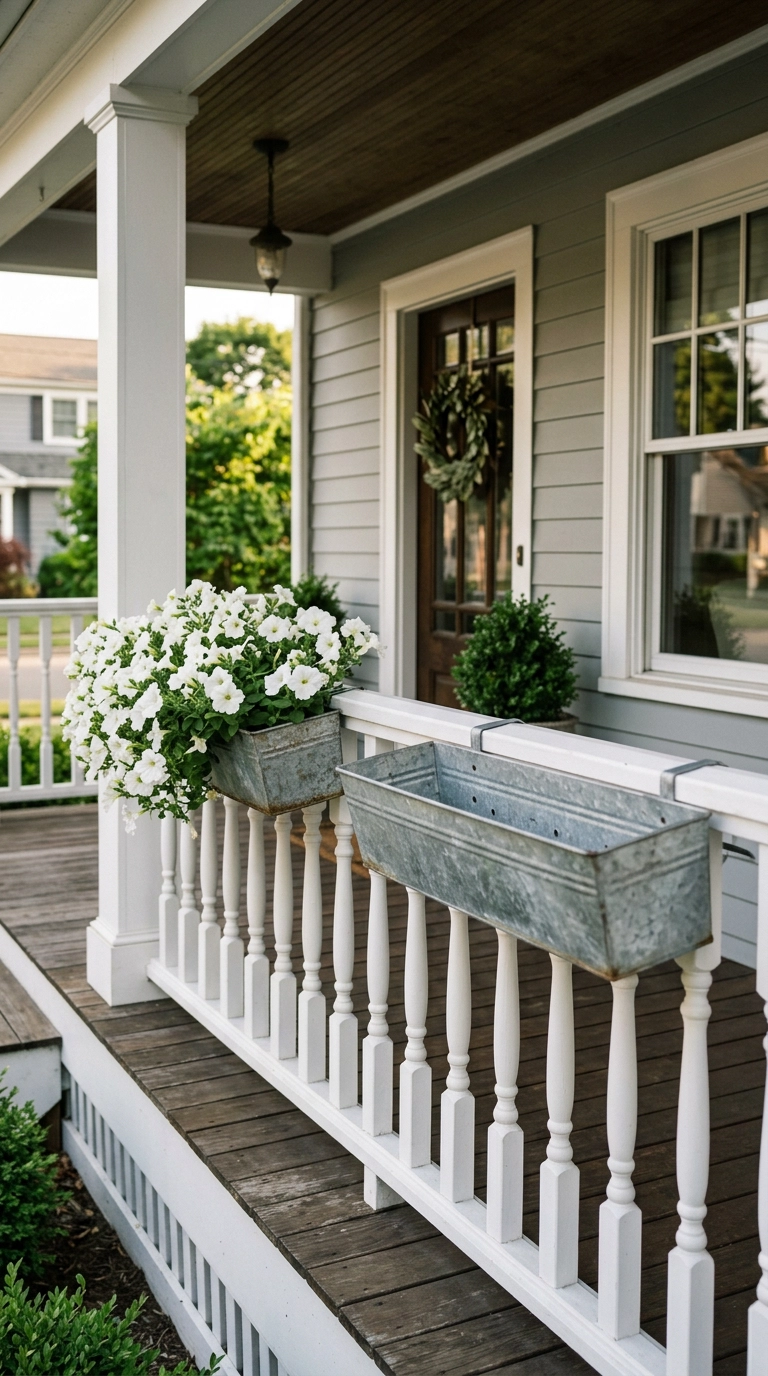 Covered porch railing with two galvanized window boxes, one planted with petunias