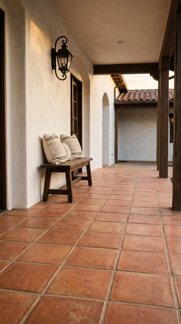 Covered porch with terracotta porcelain floor tile and a whitewashed stucco wall