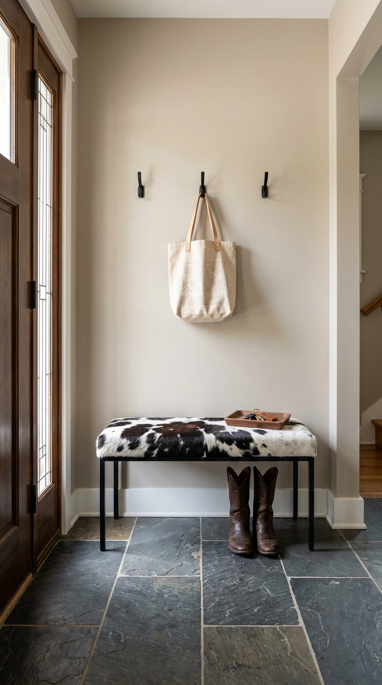 Black and white cowhide bench with black hooks above in a small craftsman entryway