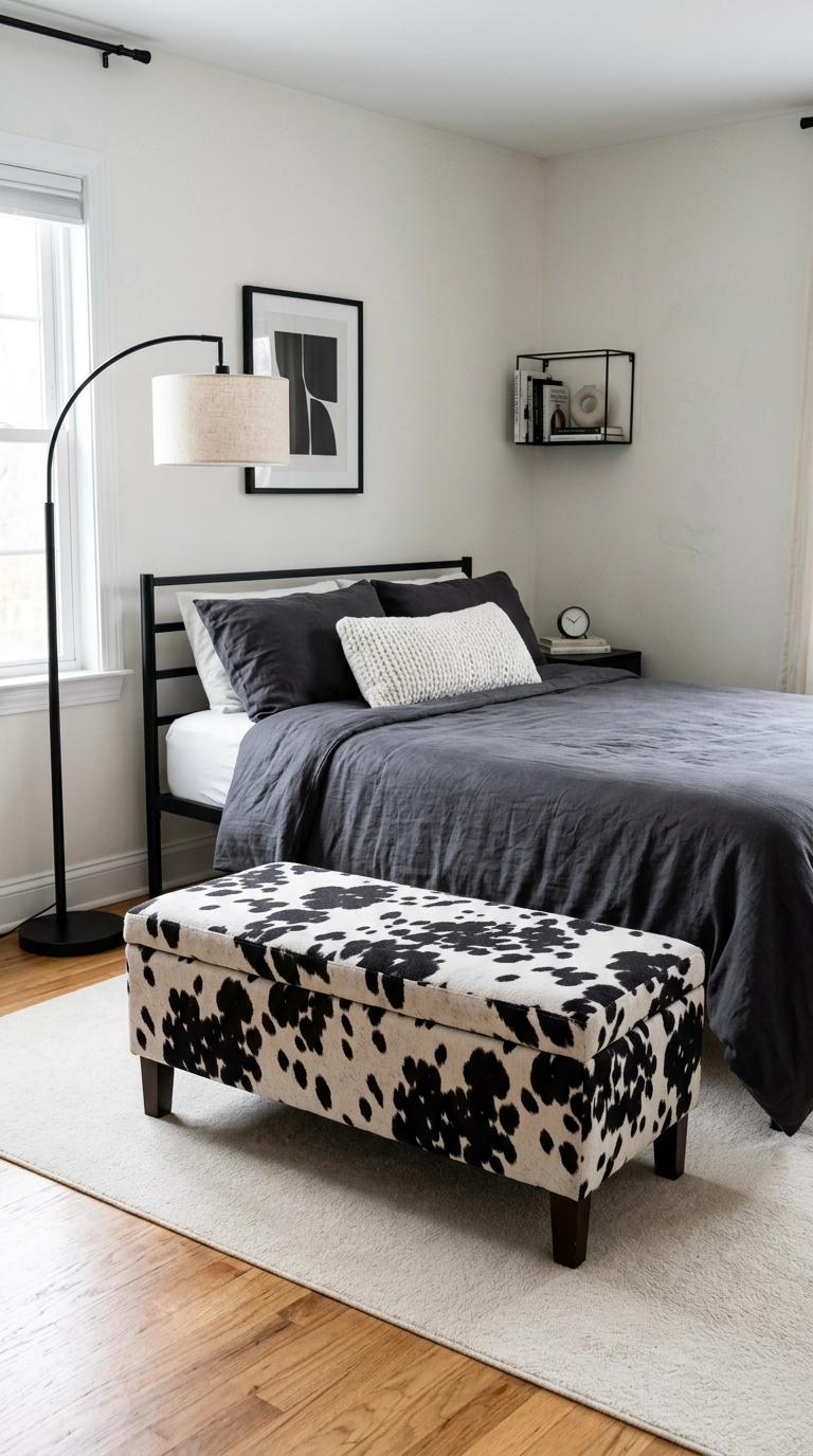 Cow print storage ottoman at the foot of a bed in a black and white teen bedroom