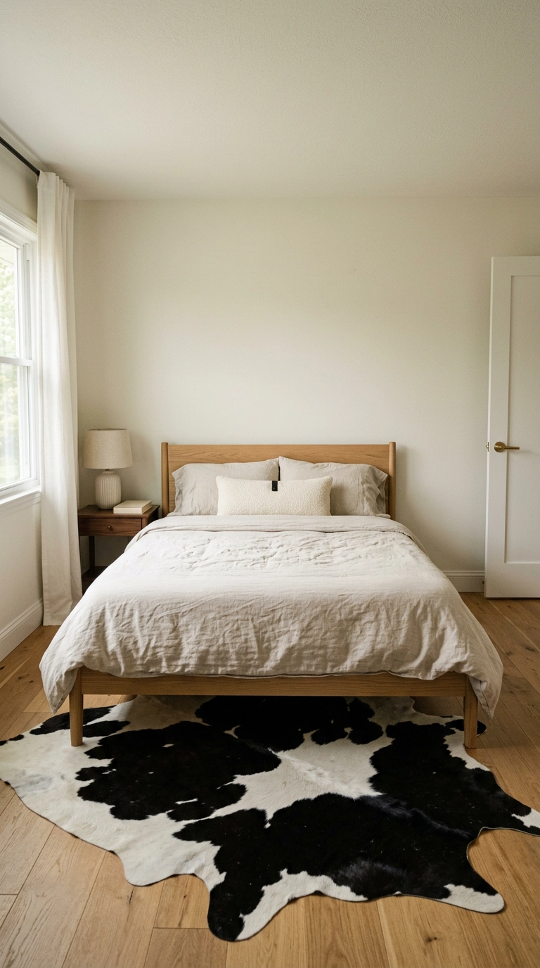 Black and white cow print hide-look rug in a small cream bedroom with a white oak bed