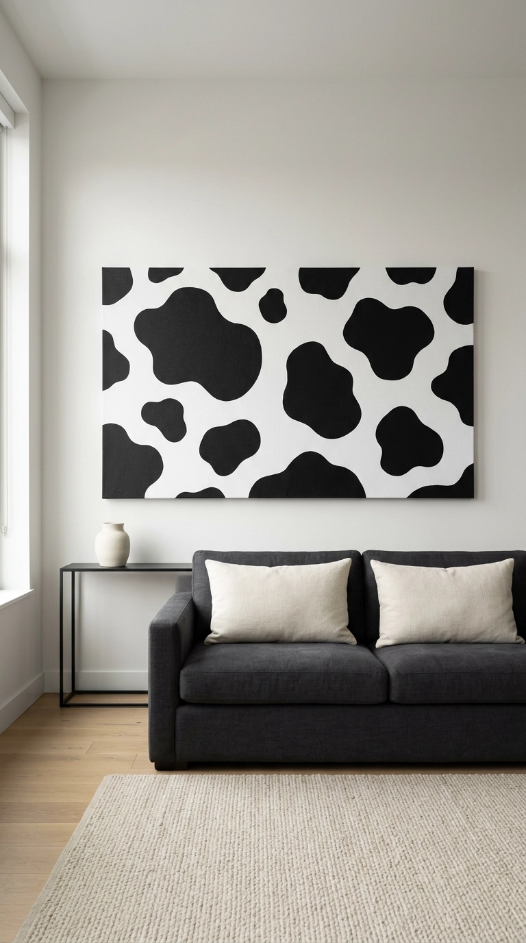 Oversized black and white cow print canvas hung above a charcoal sofa in a living room
