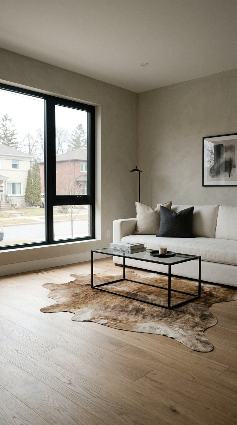 Genuine brown and cream cowhide rug in a minimalist apartment living room with a white sofa